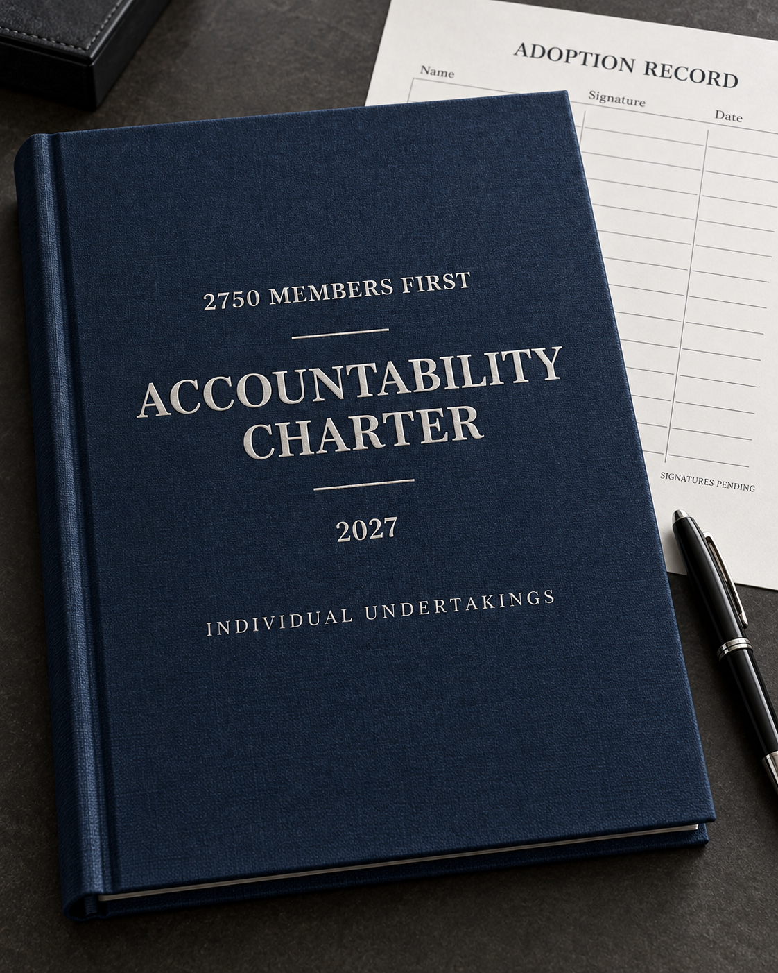 Formal navy bound 2027 Accountability Charter with a blank adoption record and pen. Presentation concept; signatures pending.