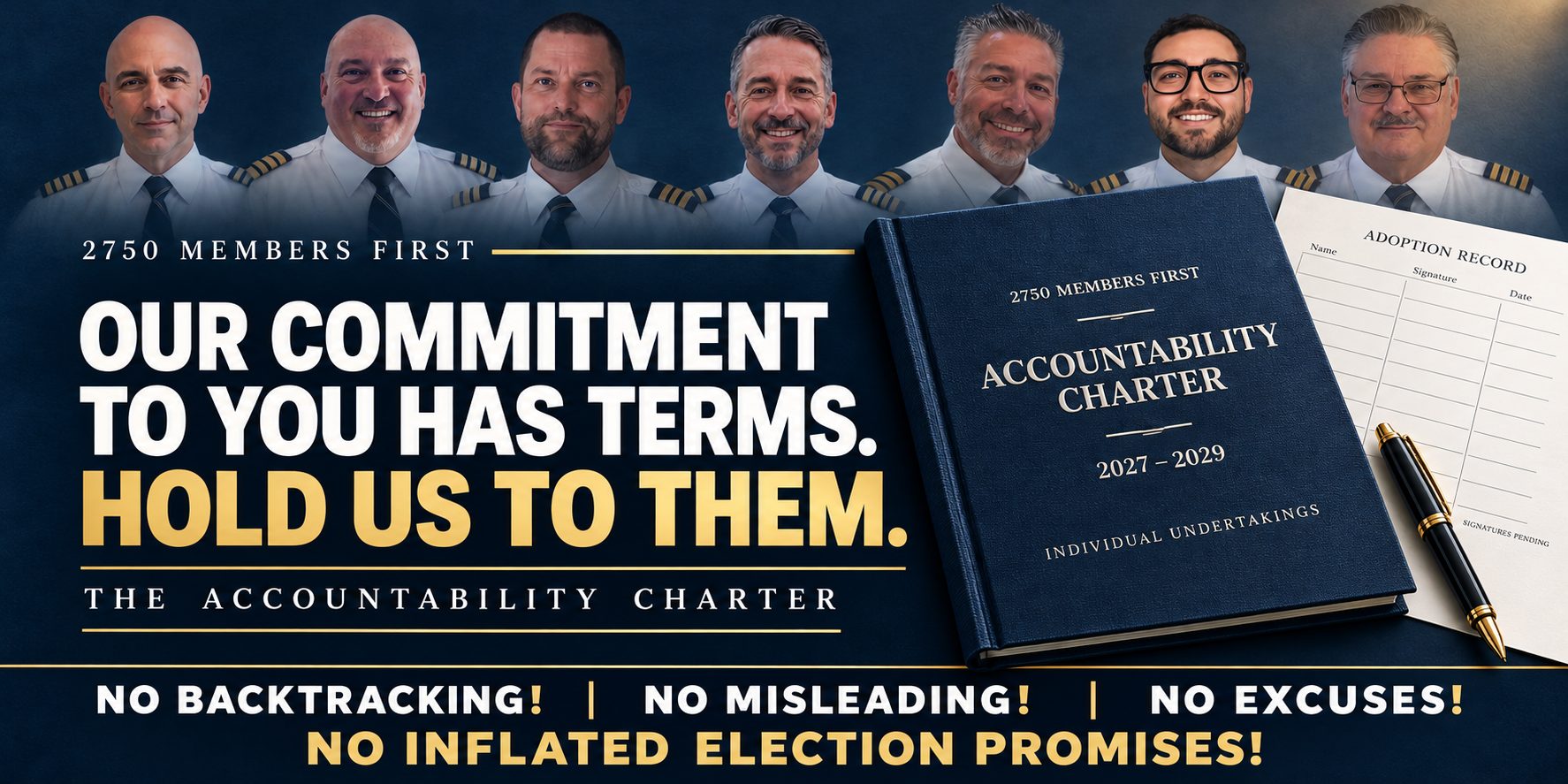 Members First slate and Accountability Charter: Our commitment to you has terms. Hold us to them. No backtracking! No misleading! No excuses! No inflated election promises!