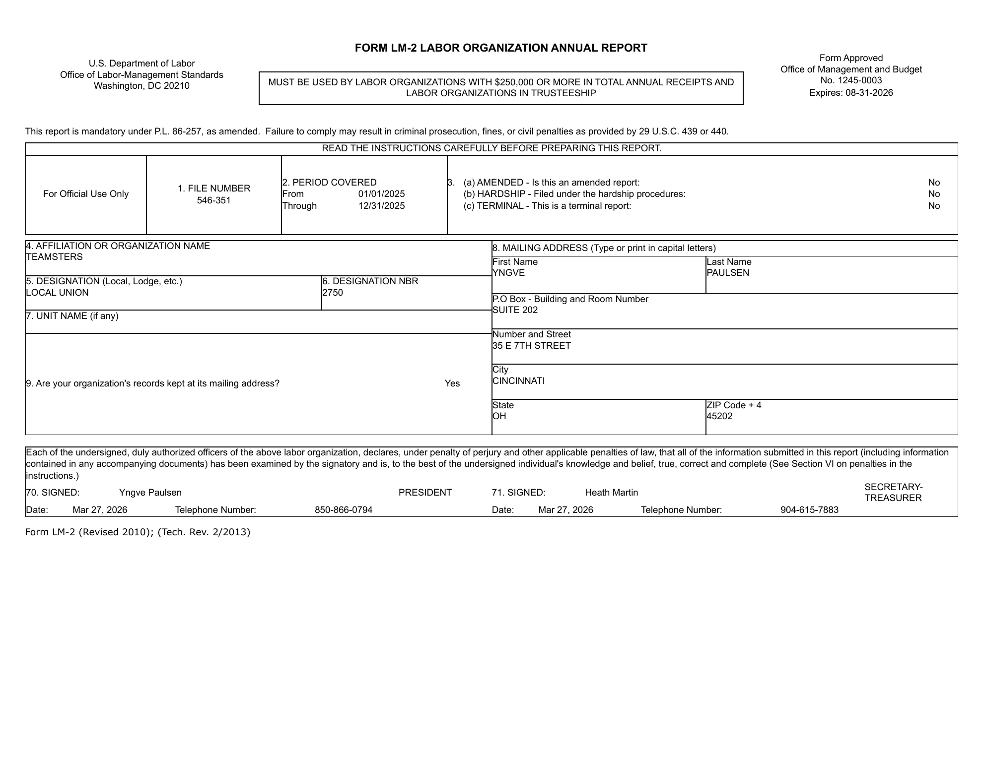 Teamsters Local 2750 2025 LM-2, page 1
