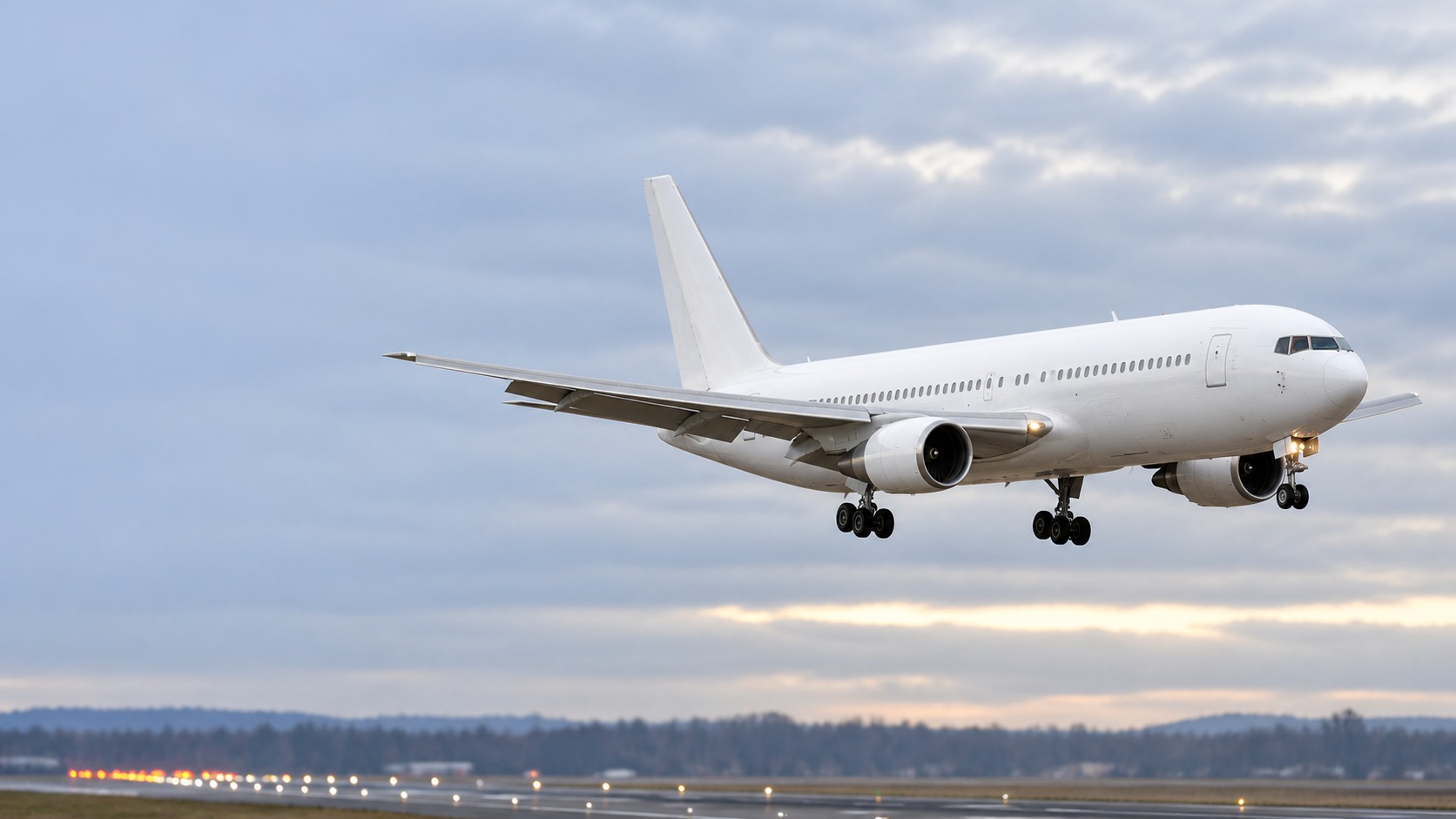 White twin-engine aircraft approaching a runway