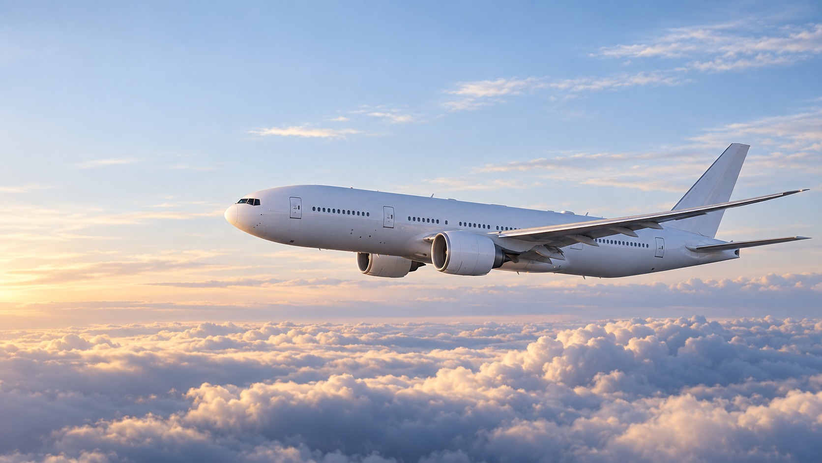 White twin-engine aircraft flying above sunlit clouds
