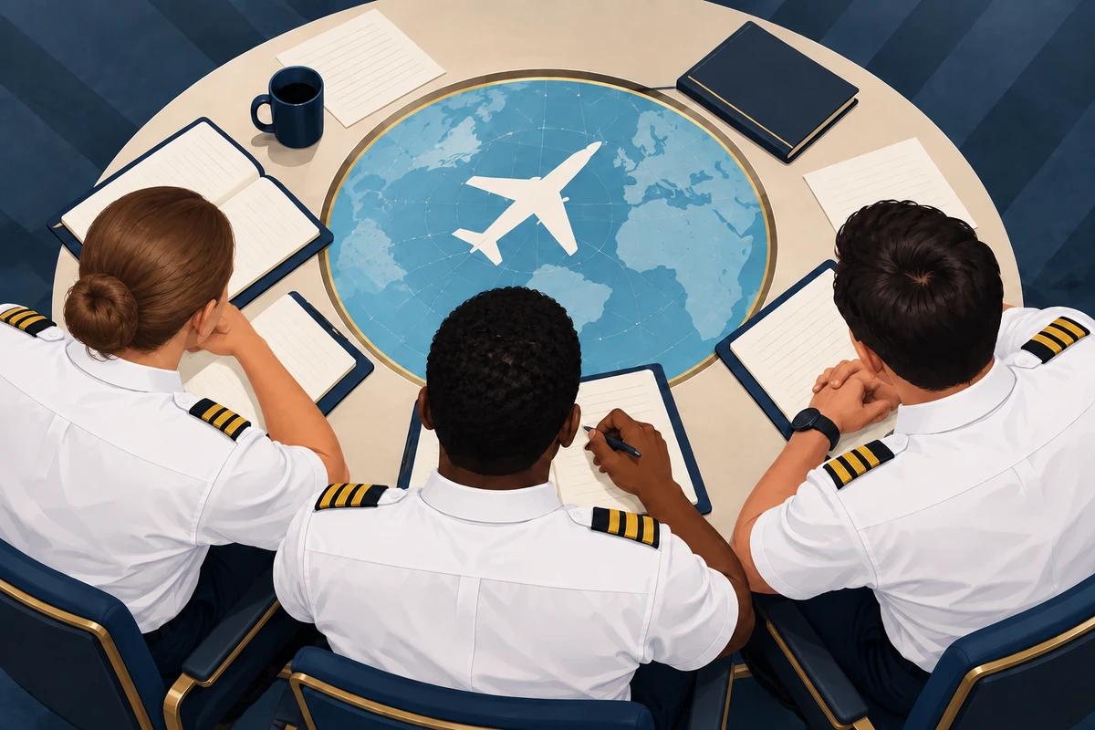 AI illustration: Pilots discussing shared priorities around a table