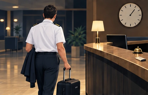 AI illustration: Pilot waiting at a hotel reception with luggage