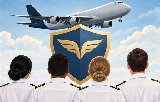 AI illustration: Cargo aircraft and pilots beside a protective shield