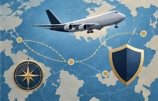 AI illustration: Aircraft route, compass and shield on a conceptual map