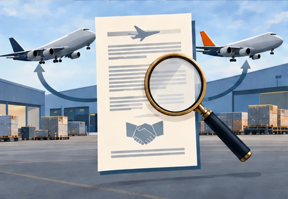 AI illustration: Cargo aircraft, contract and magnifying glass