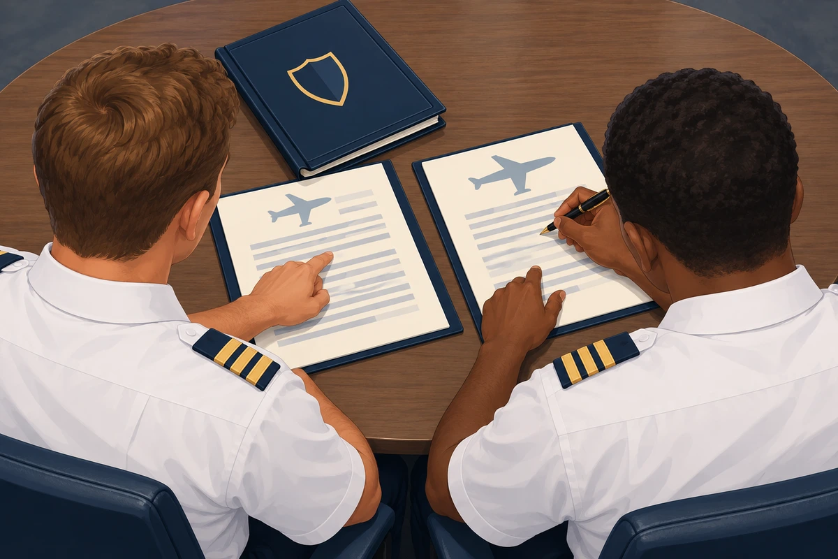 AI illustration: Pilot and representative discussing a workplace policy