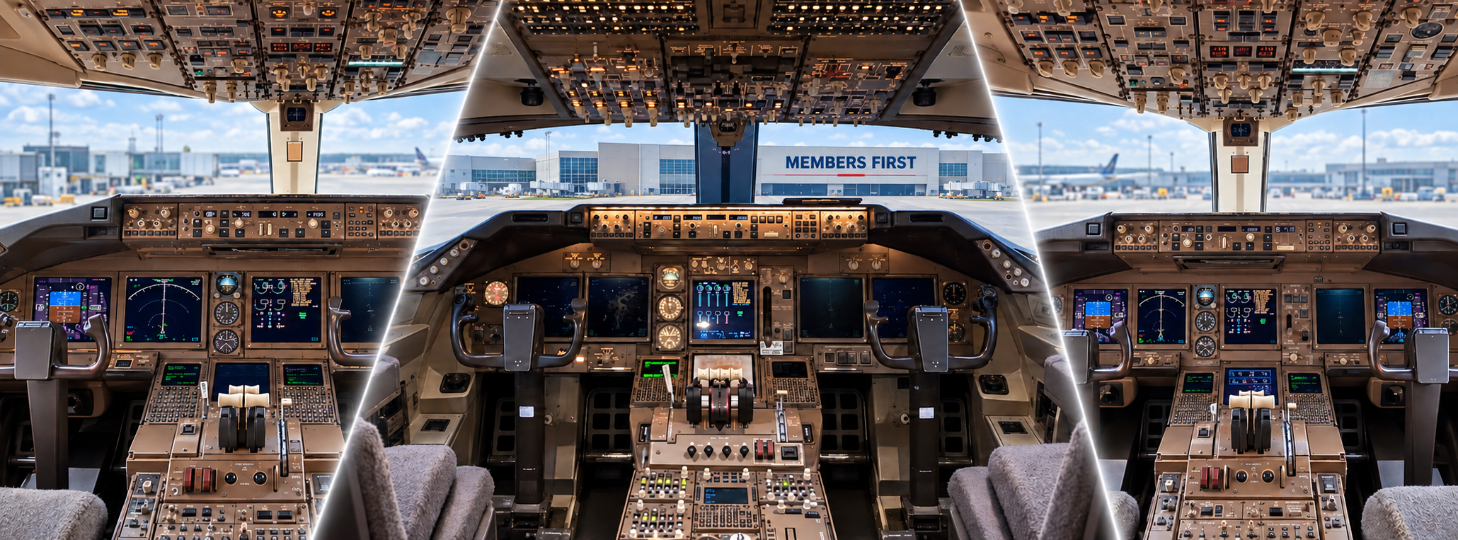 Boeing 777, 747, and 767 flight decks, with the 747 centered and a Members First sign visible beyond its windshield