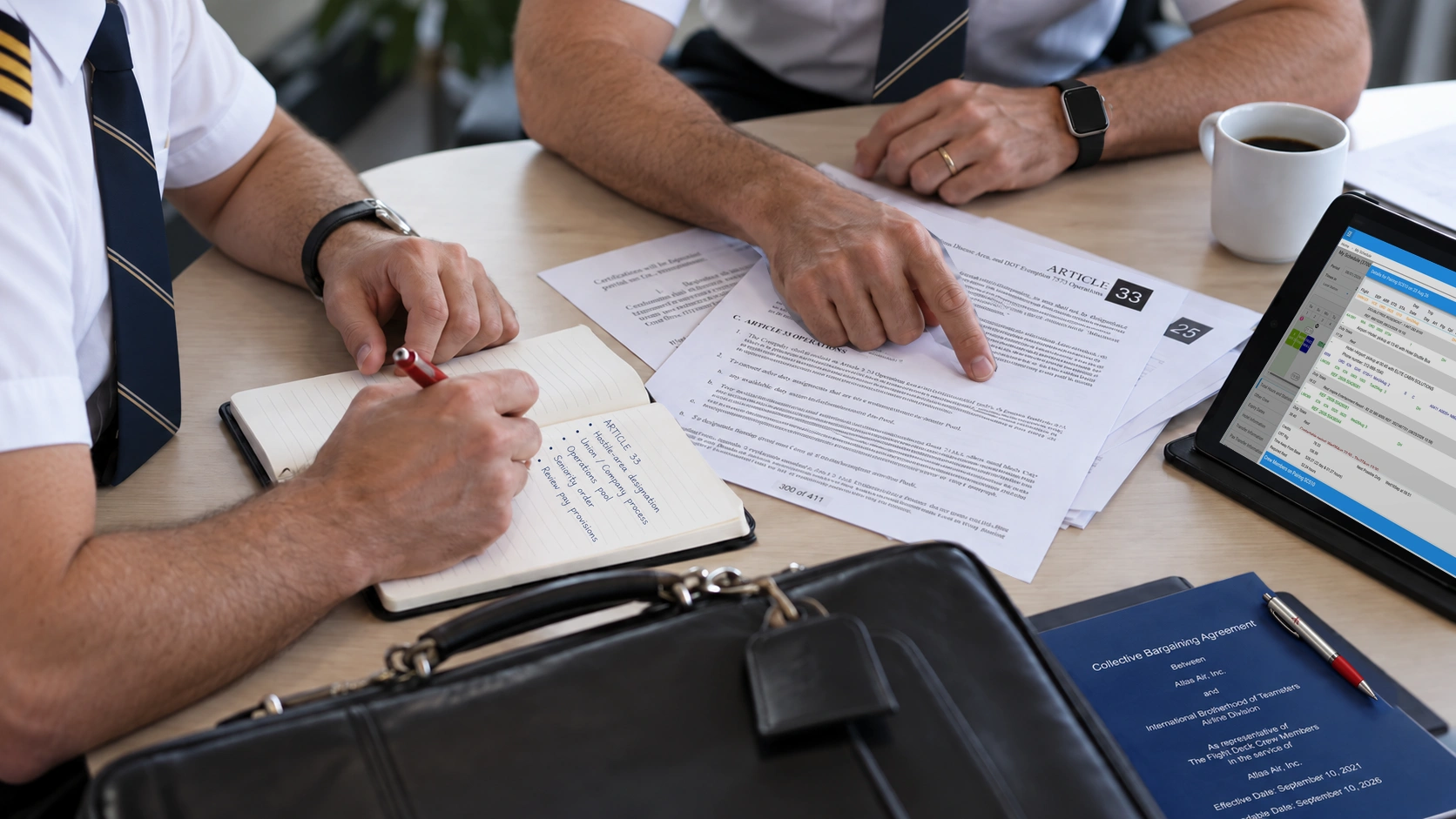 Illustrative scene of pilots reviewing documents and taking notes around a briefing table