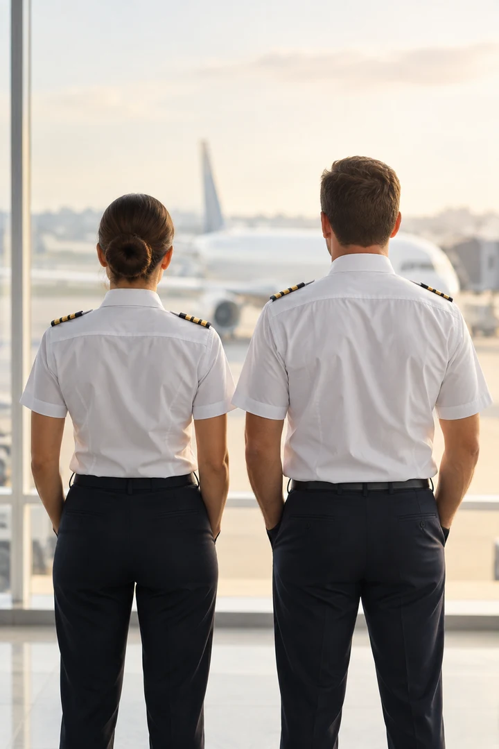 AI illustration of a female and male pilot standing side by side, viewed from behind