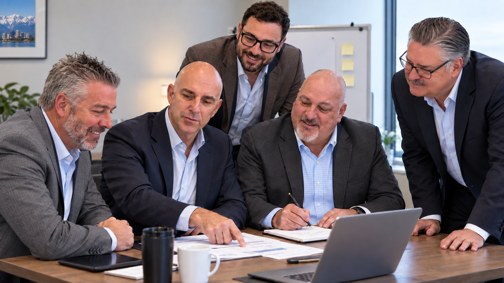 AI-generated scene of John Corcoran, Mark South, John Margiritondo, Zach Zimmerman and Chuck Randall in open-collar suits reviewing documents