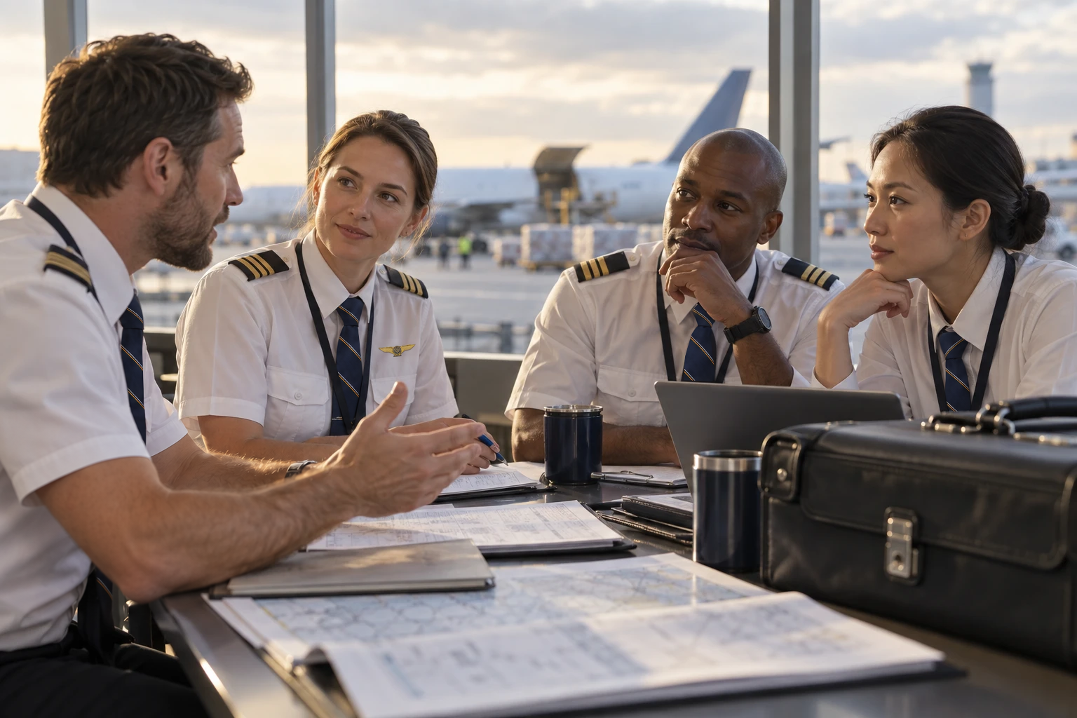 Illustrative scene of pilots sharing a conversation around a briefing table