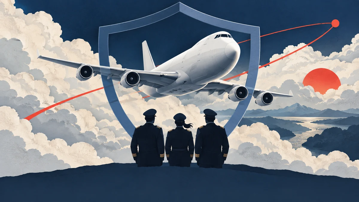 Illustration of pilots beneath a cargo aircraft and protective shield