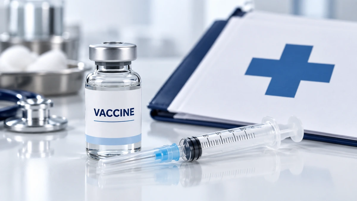 Illustrative vaccine vial, capped syringe and blue medical cross